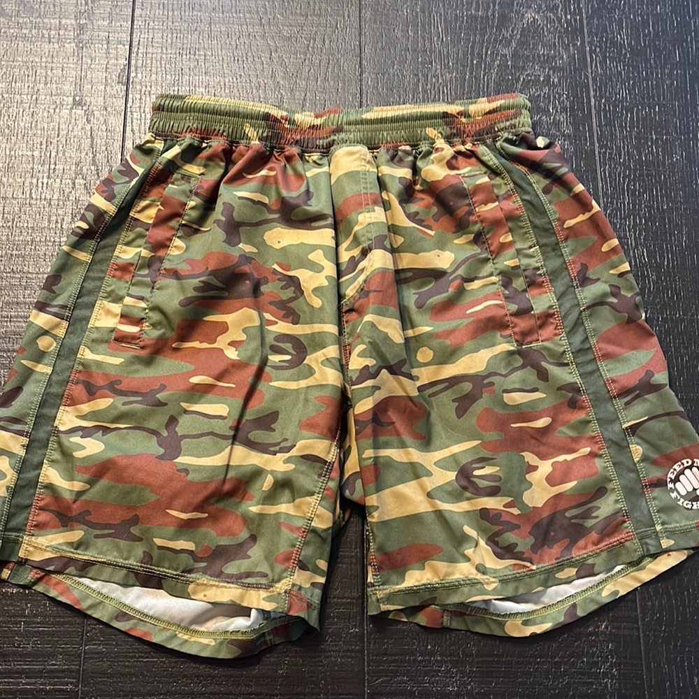 Mens Feed Me Fight Me Camo Workout Shorts